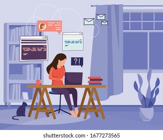 Freelance and remote workers flat background with domestic scenery and woman working at home with laptop vector illustration