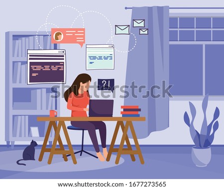 Freelance and remote workers flat background with domestic scenery and woman working at home with laptop vector illustration
