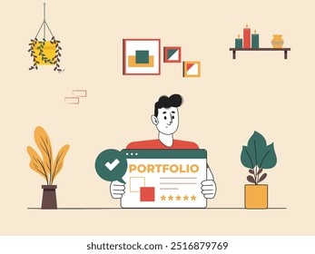 Concepto de trabajo remoto independiente: Ilustración vectorial de individuos que usan computadoras portátiles en Configuraciones de la oficina en el hogar, destacando el trabajo por cuenta propia y el trabajo en línea.