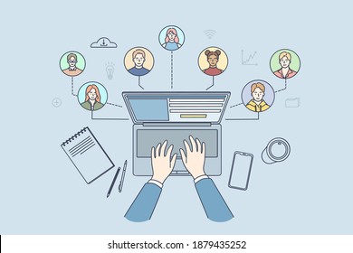 Freelance, remote working and job concept. People with different skills and experience connecting together online working on common corporate project on distance vector illustration 