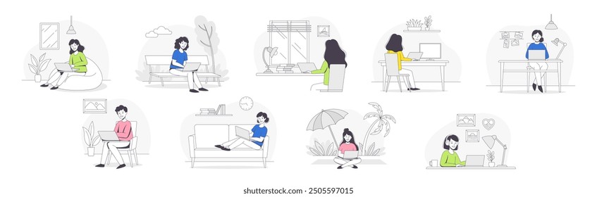 Freelance Remote Working Young Man and Woman with Laptop Outline Vector Set