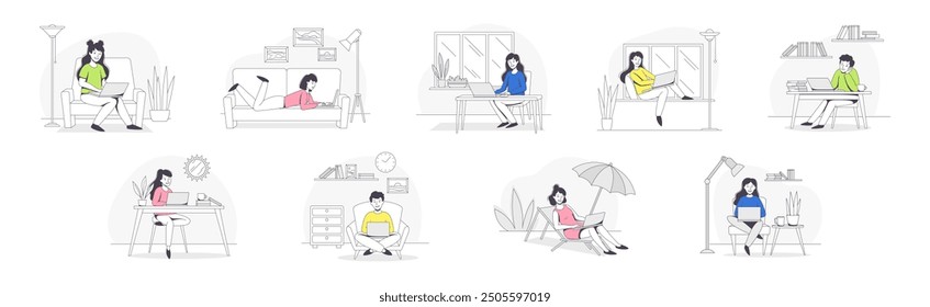Freelance Remote Working Young Man and Woman with Laptop Outline Vector Set