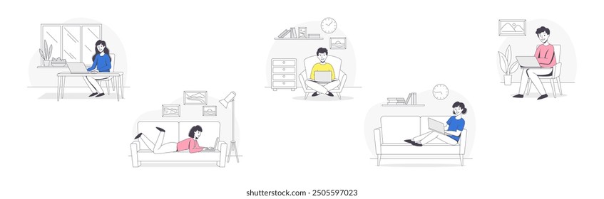 Freelance Remote Working Young Man and Woman with Laptop Outline Vector Set