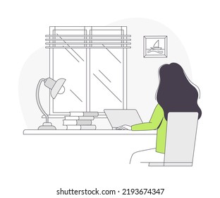 Freelance Remote Working Young Woman Sitting at Table with Laptop at Home Outline Vector Illustration