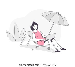 Freelance Remote Working Young Woman Sitting on Beach Deck Chair with Laptop Outline Vector Illustration