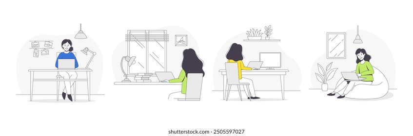 Freelance Remote Working Young Woman with Laptop Outline Vector Set