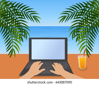 Freelance. Sea landscape with working man. Vector laptop, hands, cocktail, palm