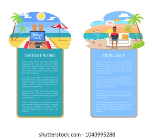 Freelance at seaside distant work, person working at beach, freelance and distant work, stripes with text sample and headlines vector illustration