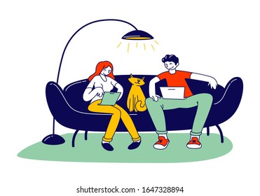Freelance Selfemployed Occupation Concept. Relaxed Man and Woman Freelancers Character Sitting on Couch Working Distant on Laptop from Home. Remote Workplace. Cartoon Vector Illustration, Line Art