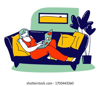 Freelance Self-employed Occupation Concept. Relaxed Woman Freelancer, Outsourced Employee Character Lying on Couch Working Distant on Laptop from Home. Remote Workplace. Linear Vector Illustration