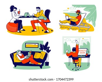 Freelance Self-employed Occupation Concept. Relaxed Men and Women Freelancers Characters Working Distant on Laptop and Pc from Home or Resort Beach, Remote Workplace. Linear Vector People Illustration