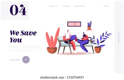 Freelance Self-employed Occupation Landing Page Template. Characters in Masks Working Distant on Laptop from Home. at Covid19 Pandemic Quarantine Self Isolation. Cartoon People Vector Illustration