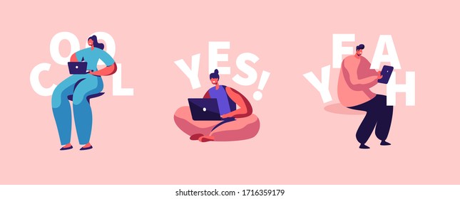 Freelance Self-employed Occupation Set. Relaxed Man and Women Freelancer Characters Working Distant on Laptop and Pc from Home Isolation. Remote Workplace, Lockdown. Cartoon Vector People Illustration