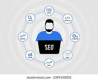 Freelance SEO expert. Keywords research, link building, content optimization icons. SEO concept for promoting ranking traffic, optimizing websites for search engines. Isolated vector illustration