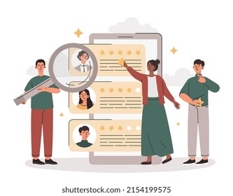 Freelance Service Concept. Male And Female Entrepreneurs With Magnifying Glass Looking For Best Remote Employee, Hire Him And Leave Feedback. Rating Of Freelancers. Cartoon Flat Vector Illustration