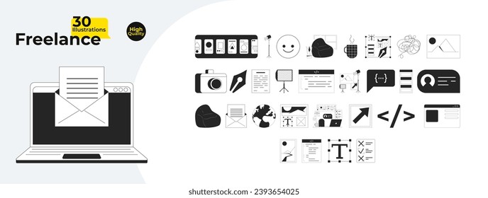 Freelance services black and white 2D line cartoon objects bundle. Programming, web designing, photographing isolated vector outline items pack. Monochromatic flat spot illustration collection