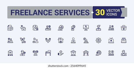 Freelance Services icons set. Related to home, workplace, conference, employee, laptop, business, freelance and more. Minimalistic icon. Outline and solid pictogram.