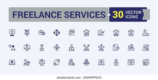 Freelance Services icons set. Related to home, workplace, conference, employee, laptop, business, freelance and more. Minimalistic icon. Outline and solid pictogram.