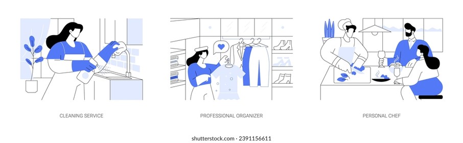 Freelance services isolated cartoon vector illustrations set. Woman cleaning house, housekeeping service, professional assistant organizing wardrobe, personal chef preparing food vector cartoon.