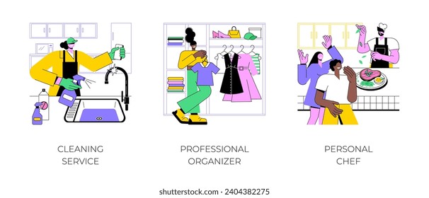 Freelance services isolated cartoon vector illustrations set. Woman cleaning house, housekeeping service, professional assistant organizing wardrobe, personal chef preparing food vector cartoon.