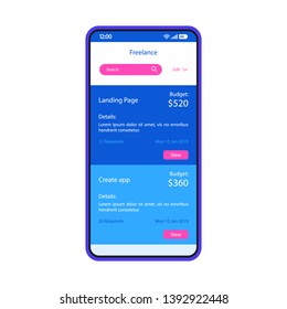 Freelance services smartphone interface vector template. Mobile page blue design layout. Website development, app creation orders screen. Flat UI for application. Online employment. Phone display