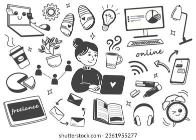 Freelance set in line cartoon design. This illustration perfectly demonstrates the essence of freelancing, depicting various trinkets for comfortable work. Vector illustration.