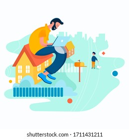 Freelance sits at home with a laptop. Flat cartoon vector color illustration for web. Concept for stay home