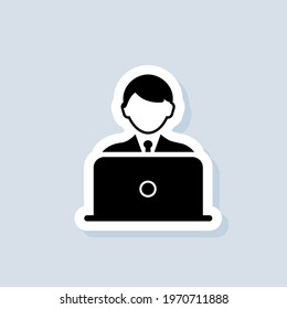Freelance sticker, logo, icon. Vector. Man with desktop. Blogger with laptop icon. Vector on isolated background. EPS 10