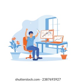 A freelance stockbroker working at home using a laptop computer. Celebrating trading success while sitting with arms raised. Stock Trading concept. trend modern vector flat illustration