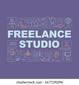 Banner de conceptos de palabra de estudio independiente. Espacio de trabajo del diseñador en casa. Trabajando de forma remota. Infografía con iconos lineales sobre fondo morado. Tipografía aislada. Ilustración de color RGB de contorno de vectores