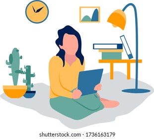 Freelance or study at home vector illustration. A woman works or stading at home with a laptop. Self-isolation of the house.	