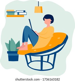 Autonomía o estudio en la ilustración del vector doméstico. Una mujer trabaja o se sienta en casa con una laptop. Autoaislamiento de la casa.	