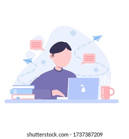 Freelance or studying concept. 
Remote online distance education at home in quarantine.  Character sitting at desk, looking at laptop. Vector flat style illustration isolated on white background.