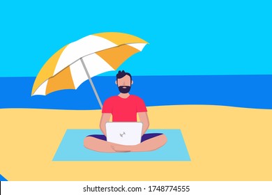 Freelance or studying concept, social distance. Man freelance remote working place using laptop on the beach during summer vacation. Flat Vector Illustration. For web banner, poster, social media.