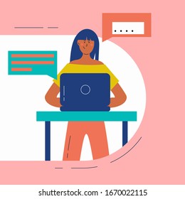 Freelance or studying concept. Successful business woman. Flat vector illustration of young programmer coding on the laptop