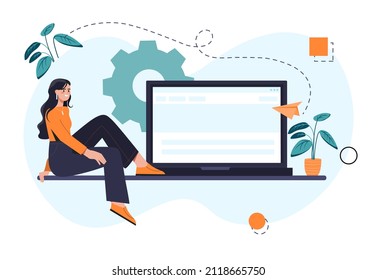 Freelance or studying concept. Young woman sitting next to laptop, doing project and smiling. Remote work or home office. Flexible schedule and comfortable conditions. Cartoon flat vector illustration
