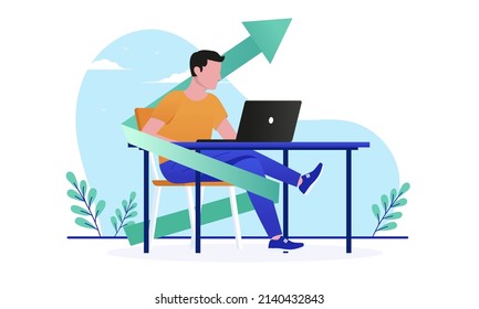 Freelance success - Man sitting with laptop and green arrow pointing up. Successful freelancing concept, vector illustration on white background