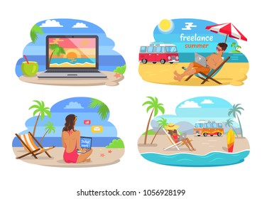 Freelance summer collection with people doing job using laptop, beach and seaside, freelance and distant work vector illustration isolated on white
