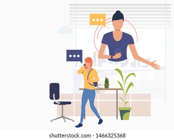 Freelance team communicating on cellphones. Two women in workplace on phone talk. Communication concept. Vector illustration can be used for topics like phone call, conversation, remote work