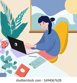 El concepto de freelance y teletrabajo o estudio. Una mujer alegre y amable trabajando en una laptop en casa. Carrera, trabajo durante la cuarentena. Ilustración vectorial plana.
