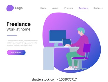Freelance, Teleworking and Work at home  Flat style landing page banner vector illustration concept. Man freelancer working laptop computer PC at workplace.