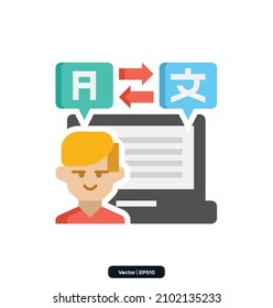 Icono de traductor independiente. Colección digital de iconos nómadas. Los iconos incluían consultoría, ingresos, desarrollo de negocios, remisiones, puesta en marcha, trabajo independiente, comunidad, etc. EPS10