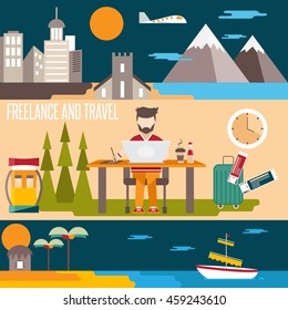 freelance and travel horizontal flat design vector banners
