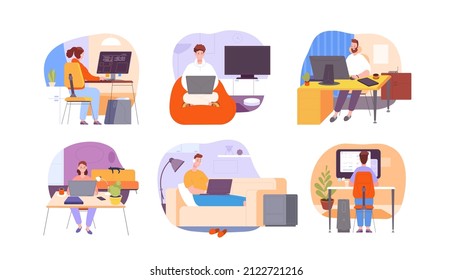 Freelance use computer home. Laptop in office desk, cartoon woman man remote worker, smart people online job house chair professional workplace splendid character vector illustration of freelance