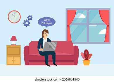 Freelance vector concept. Businesswoman thinking work time while working with laptop at the home