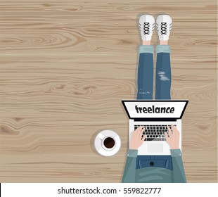 Freelance. Vector flat illustration. Freelancer siting on the floor and  typing on laptop. Space for your text. Coffee break. wood background. Work at home. Top view.
