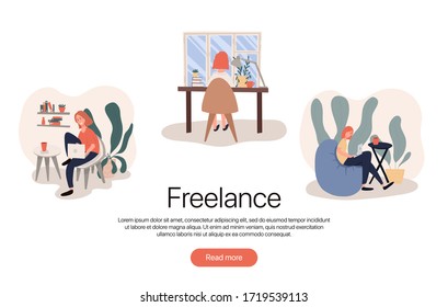 Freelance vector flat landing page template. Freelance worker, self employed, coworking space concept.