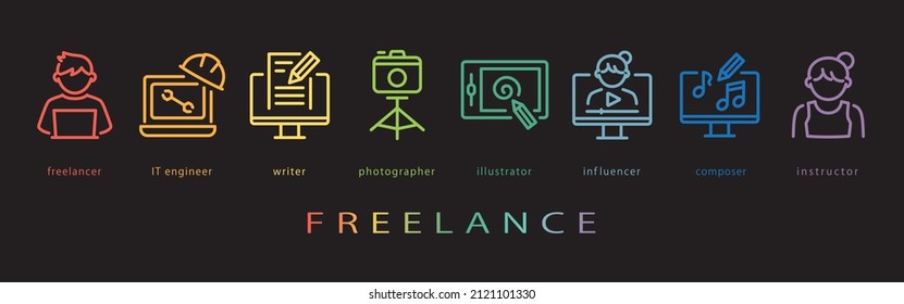 Freelance vector icon set. neon color on black background.