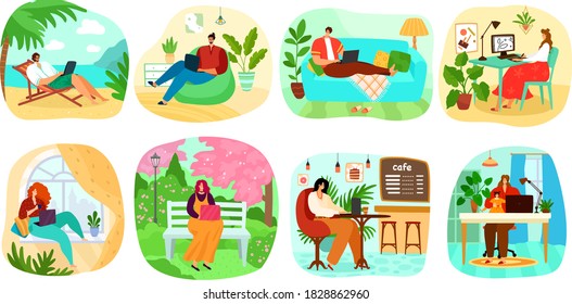Freelance vector illustration set. Cartoon flat freelancer people working with laptop at home office workplace, modern cafe interior, summer park or tropical beach, calm remote job isolated on white