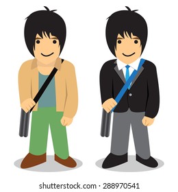 Freelance vs office man, casual man versus suit man, twin man are different job, holiday vs work day